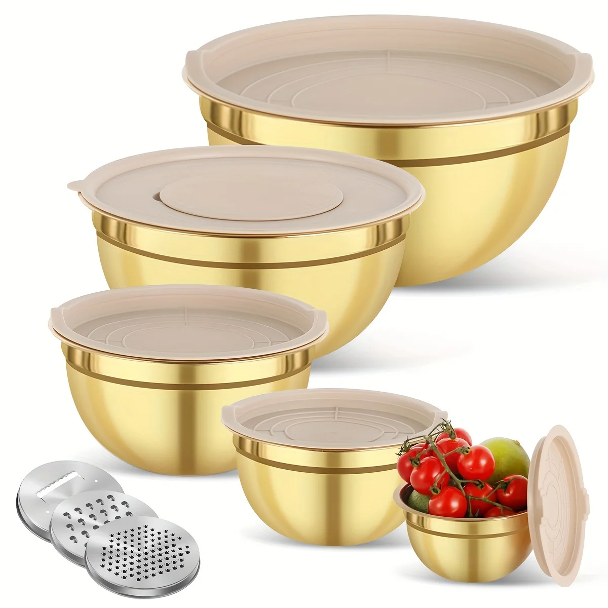 Camping Cooking Tool Set - 10-piece gold stainless steel mixing bowl